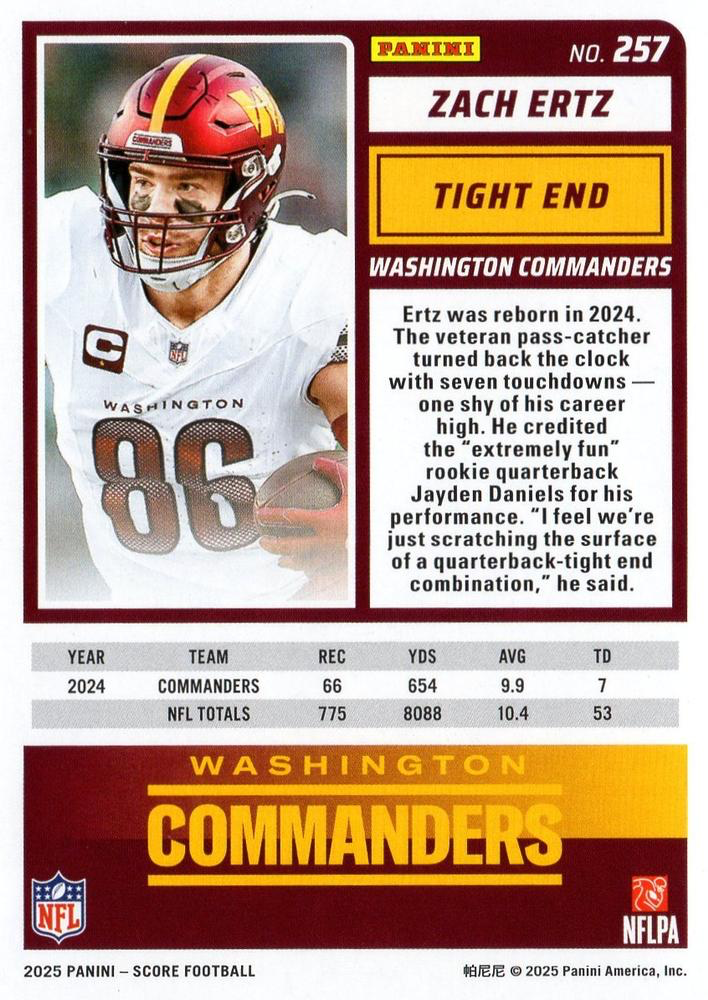 2025 Panini Score Zach Ertz #257 Washington Commanders