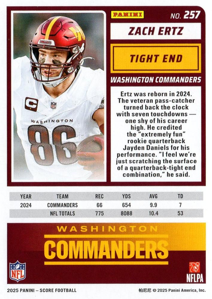 2025 Panini Score Zach Ertz #257 Washington Commanders