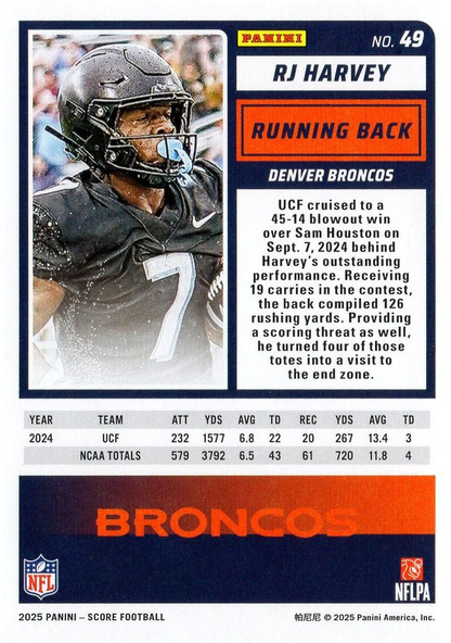 2025 Panini Score RJ Harvey RC #49 Denver Broncos