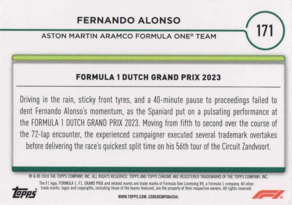 2024 Topps Chrome Formula 1 Fernando Alonso Driver of the Day #171 Aston Martin
