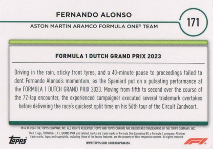 2024 Topps Chrome Formula 1 Fernando Alonso Driver of the Day #171 Aston Martin