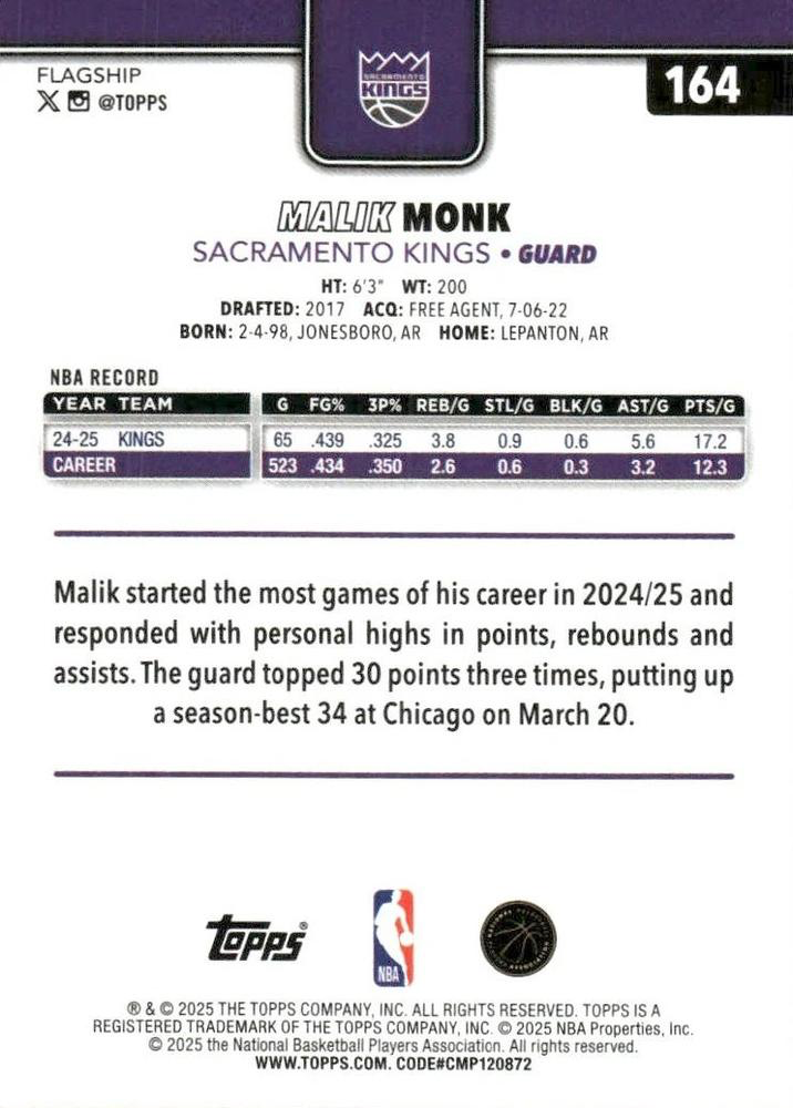 2025 Topps NBA Malik Monk #164 Sacramento Kings