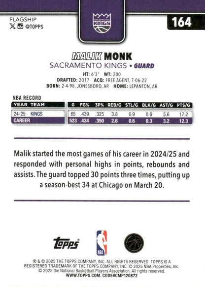 2025 Topps NBA Malik Monk #164 Sacramento Kings