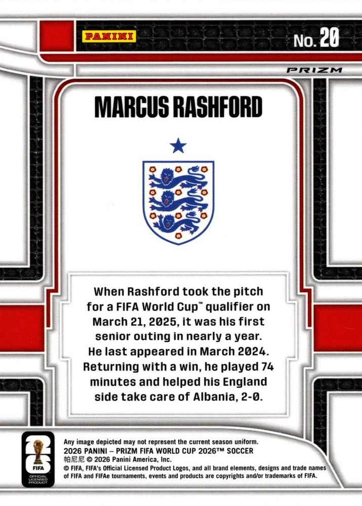 2026 Panini Prizm World Cup Silver Scorers Club Marcus Rashford #20 Angleterre