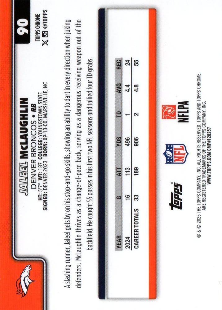 2025 Topps Chrome NFL Jaleel McLaughlin #90 Denver Broncos