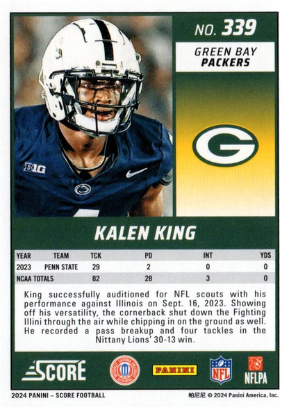 2024 Panini Score Football Kalen King Green Bay Packers #339 RC