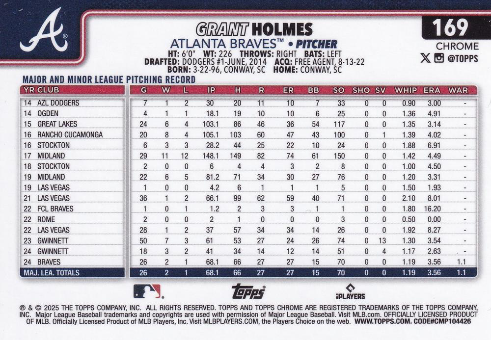 2025 Topps Chrome MLB Grant Holmes RC #169 Atlanta Braves