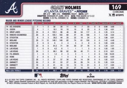 2025 Topps Chrome MLB Grant Holmes RC #169 Atlanta Braves