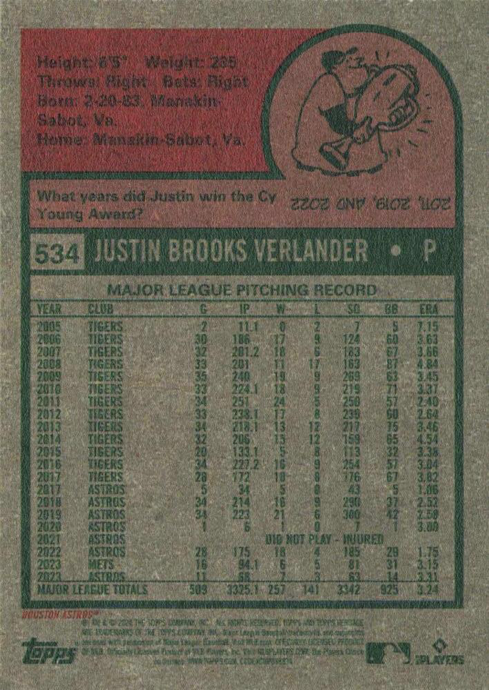2024 Topps Heritage Justin Verlander Houston Astros #534