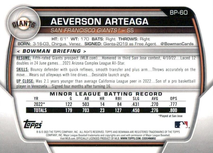 2023 Topps Bowman Paper Prospects Aeverson Arteaga San Francisco Giants #BP-60