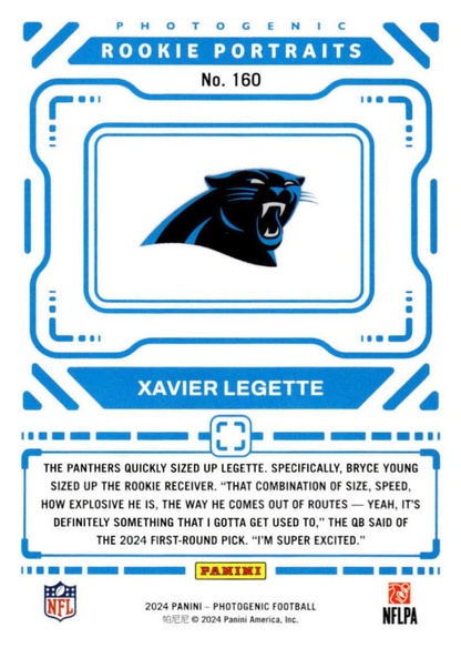 2024 Panini Photogenic Xavier Legette Rookie Portrait RC #160 Carolina Panthers