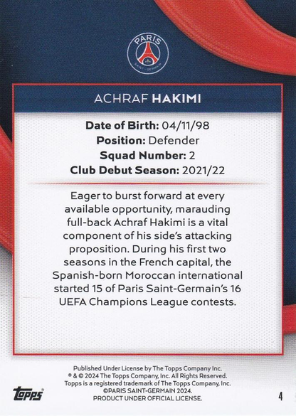 2023 Topps PSG Team Set Achraf Hakimi #4 Paris Saint-Germain