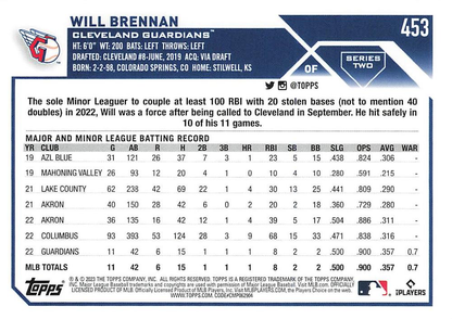 2023 Topps Series 2 Will Brennan RC Cleveland Guardians #453