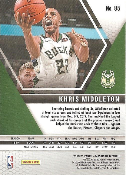 2019 Panini Mosaic Khris Middleton #85 Milwaukee Bucks