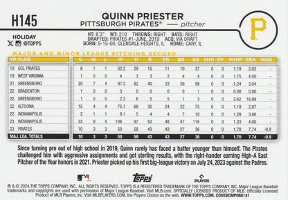 2024 Topps Holiday Quinn Priester RC Pittsburgh Pirates #H145