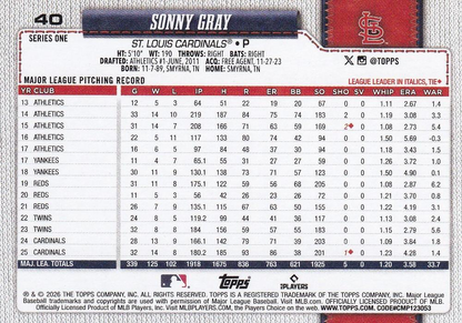 2026 Topps Series 1 Sonny Gray #40 St. Louis Cardinals
