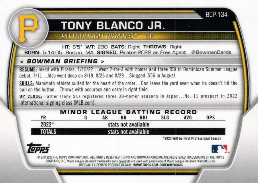 2023 Bowman Chrome Prospects Tony Blanco Jr. 1st Pittsburgh Pirates #BCP-134