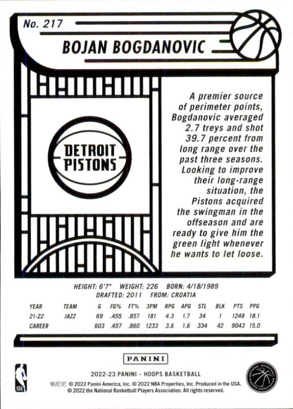 2022 Panini Hoops Bojan Bogdanovic #217 Detroit Pistons