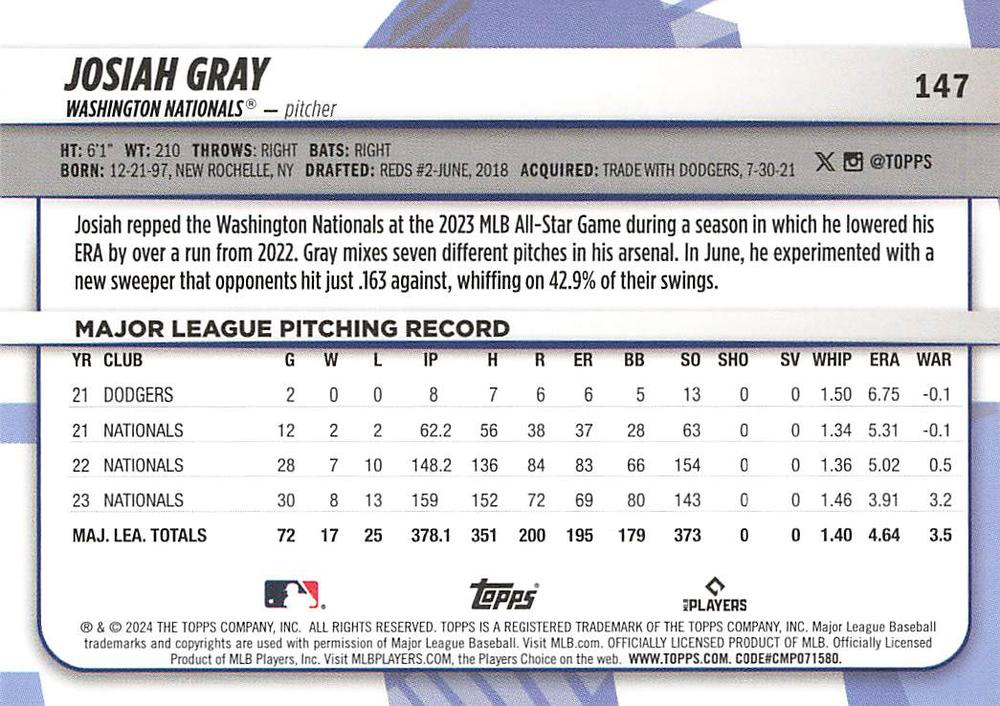 2024 Topps Big League Common Josiah Gray Washington Nationals #147