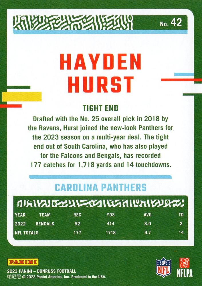 2023 Panini Donruss Hayden Hurst #42 Carolina Panthers