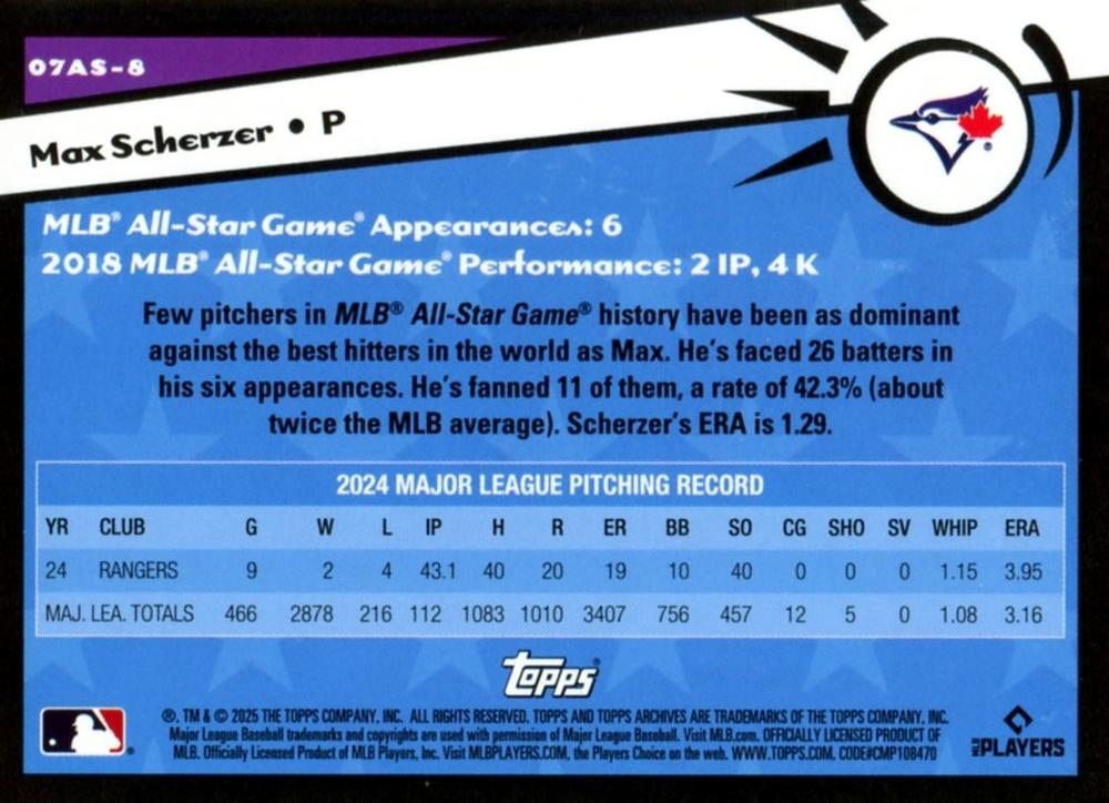 2025 Topps Archives 2007 Topps All-Stars Max Scherzer #07AS-8 Toronto Blue Jays