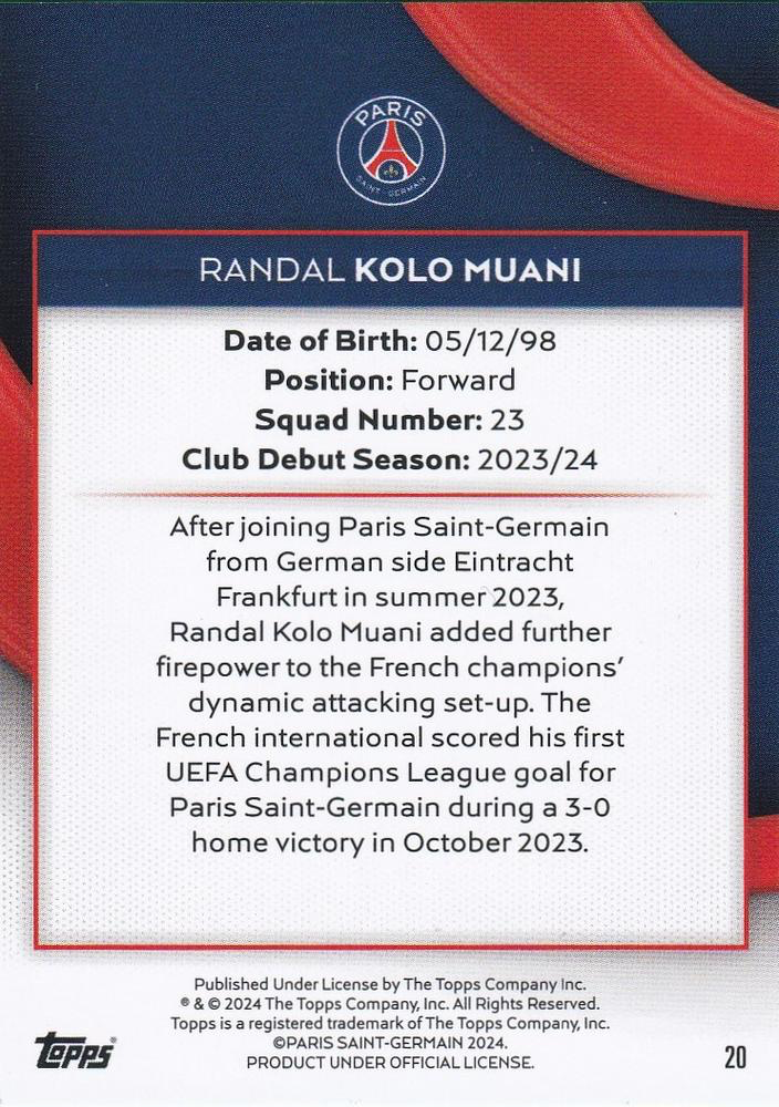 2023 Topps PSG Team Set Randal Kolo Muani #20 Paris Saint-Germain