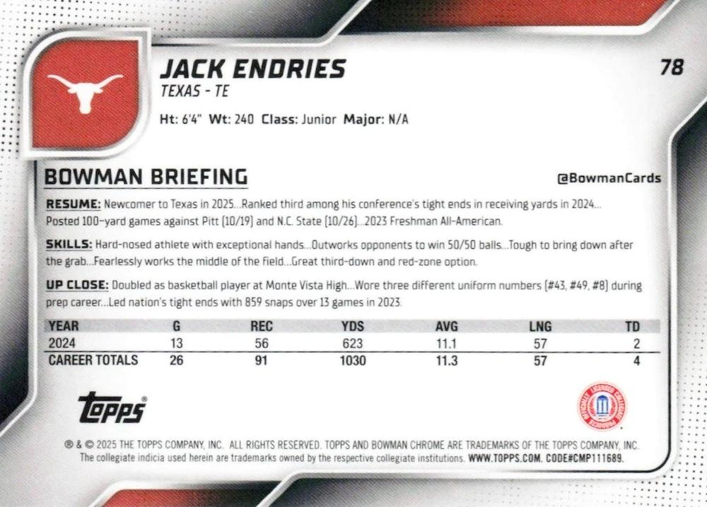 2025 Topps Bowman U Chrome Jack Endries 1st #78 Texas Longhorns