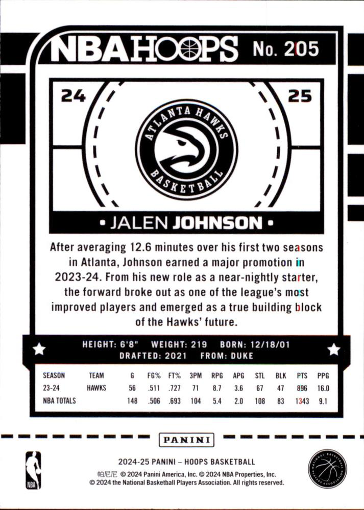 2024 Panini Hoops Jalen Johnson #205 Atlanta Hawks