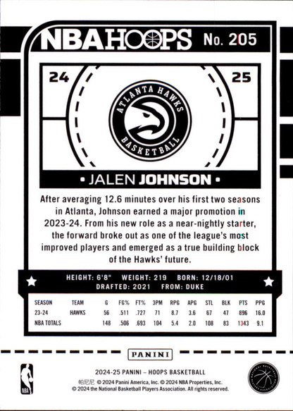2024 Panini Hoops Jalen Johnson #205 Atlanta Hawks
