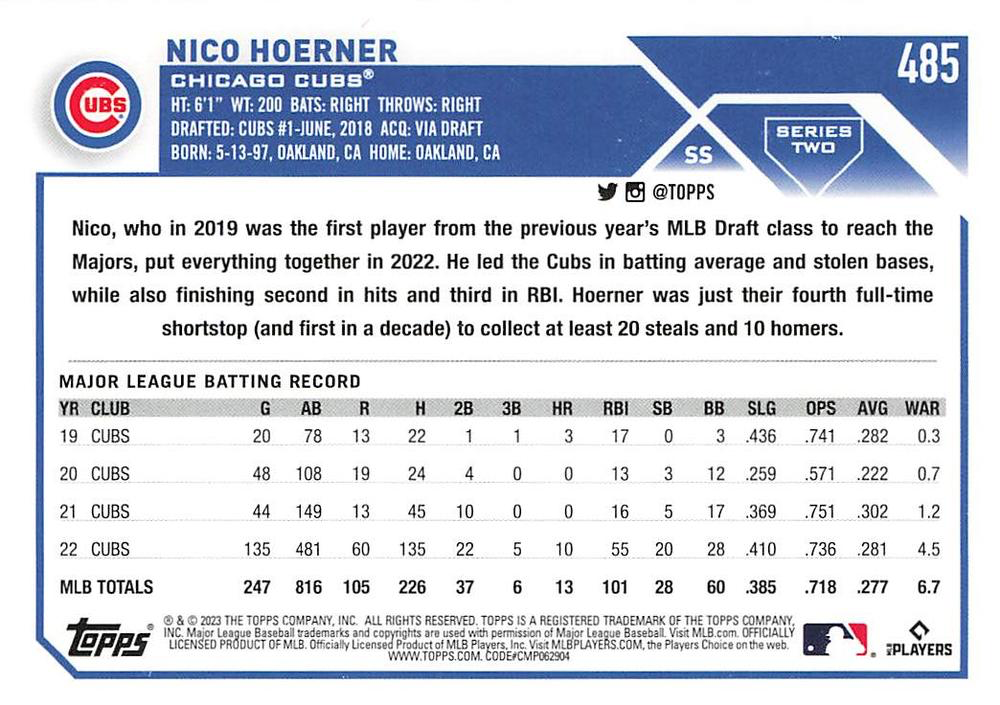 2023 Topps Series 2 Nico Hoerner Chicago Cubs #485