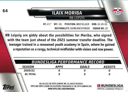 2021 Topps Chrome Bundesliga Ilaix Moriba RC #64 RB Leipzig