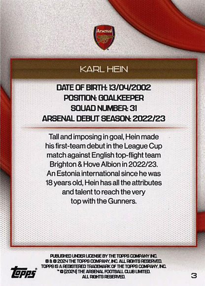 2023 Topps Arsenal Team Set Icy Karl Hein #3 Arsenal FC
