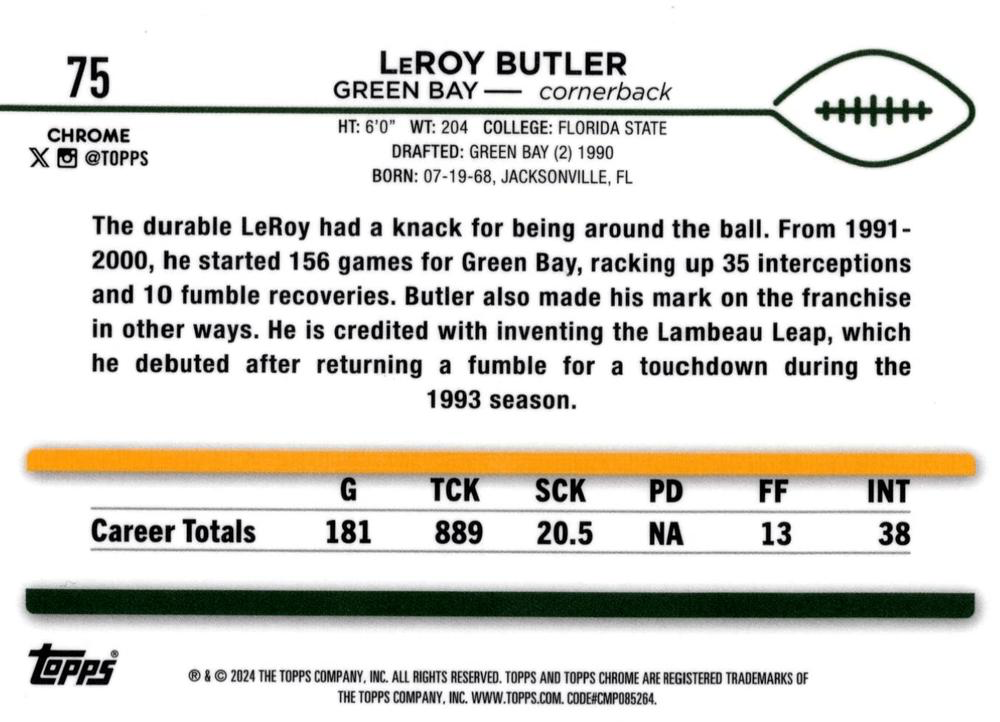 2024 Topps Chrome Football LeRoy Butler #75 Green Bay Packers