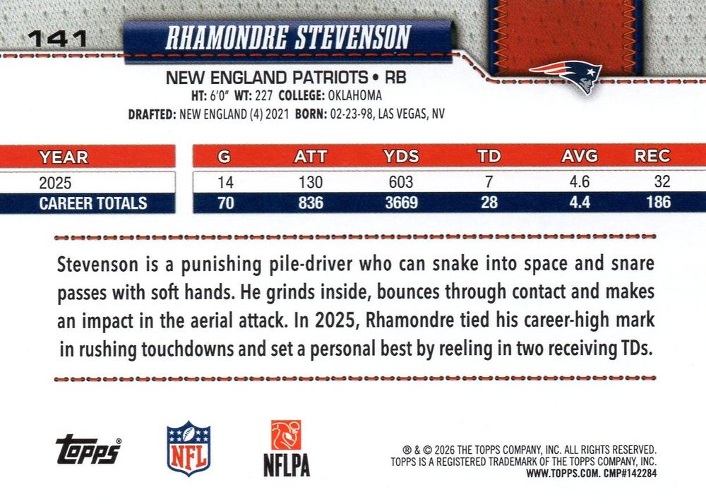 2026 Topps Flagship Rhamondre Stevenson #141 New England Patriots