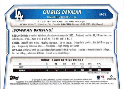2026 Topps Bowman Prospects Charles Davalan #BP-73 Los Angeles Dodgers