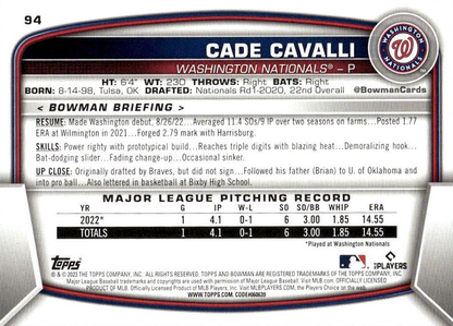 2023 Topps Bowman Cade Cavalli RC Washington Nationals #94