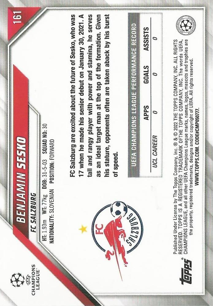2021 Topps UCC RC Benjamin Sesko #161 FC Red Bull Salzburg