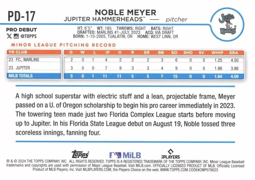 2024 Topps Pro Debut Noble Meyer #PD-17 Jupiter Hammerheads