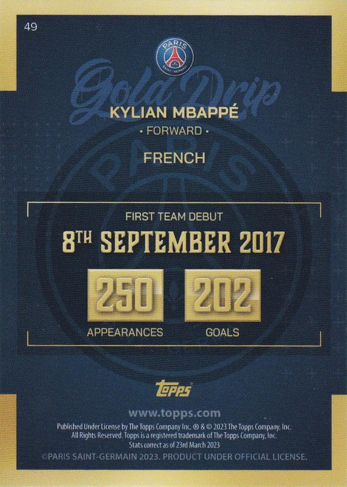2022 Topps PSG Team Set Kylian Mbappé #49 Paris Saint-Germain