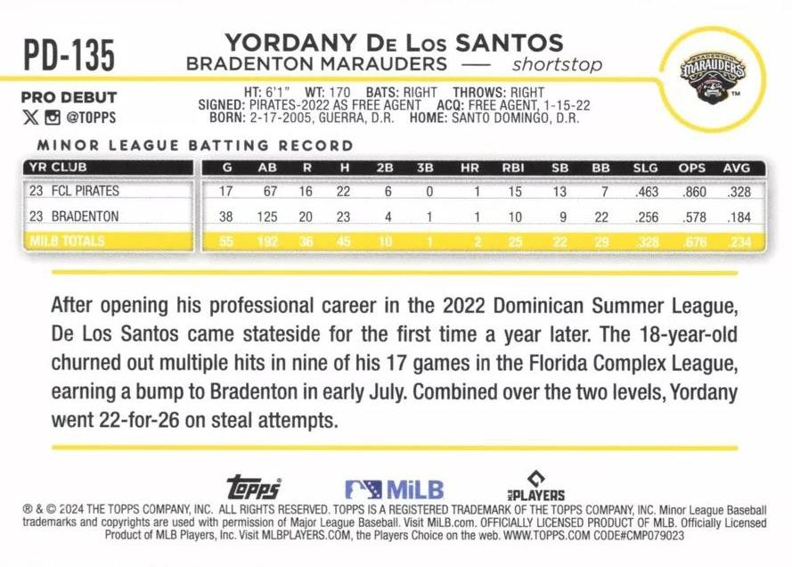 2024 Topps Pro Debut Yordany De Los Santos #PD-135 Bradenton Marauders