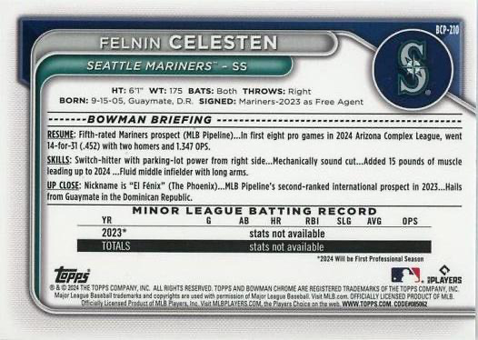 2024 Topps Bowman Chrome Prospects Felnin Celesten Seattle Mariners #BCP-210