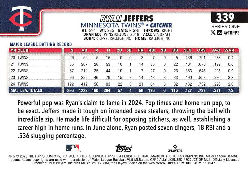 2025 Topps Series 1 Ryan Jeffers Minnesota Twins #339