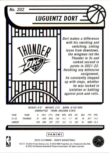 2022 Panini Hoops Luguentz Dort #202 Oklahoma City Thunder