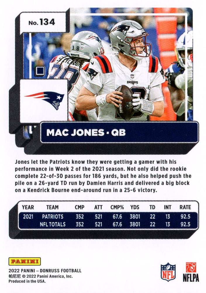 2022 Panini Donruss Mac Jones #134 New England Patriots
