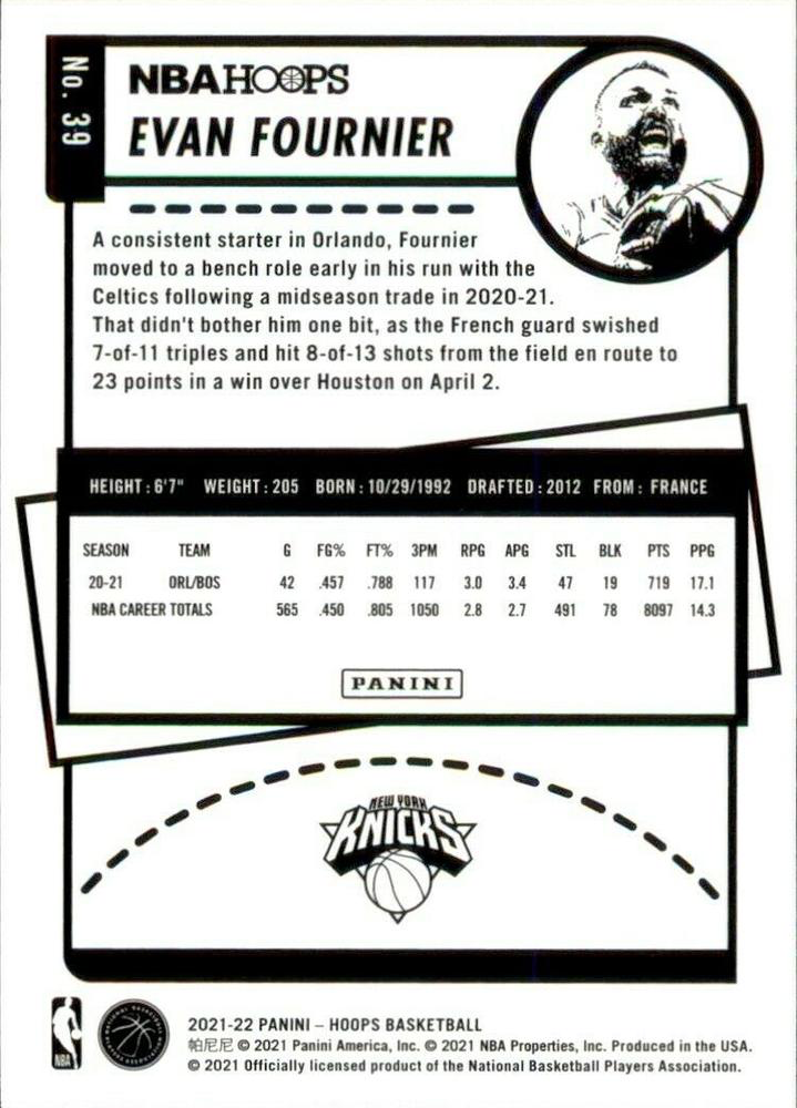 2021 Panini Hoops Evan Fournier #39 New York Knicks