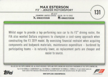 2024 Topps Chrome Formula 1 Max Esterson F3C #131 Jenzer Motorsport