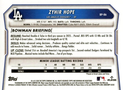 2026 Topps Bowman Prospects Zyhir Hope #BP-86 Los Angeles Dodgers
