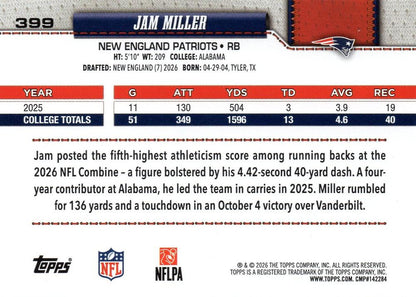 2026 Topps Flagship RC Jam Miller #399 New England Patriots