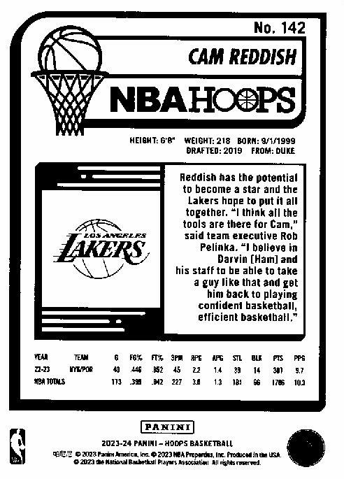 2023 Panini Hoops Cam Reddish #142 Los Angeles Lakers
