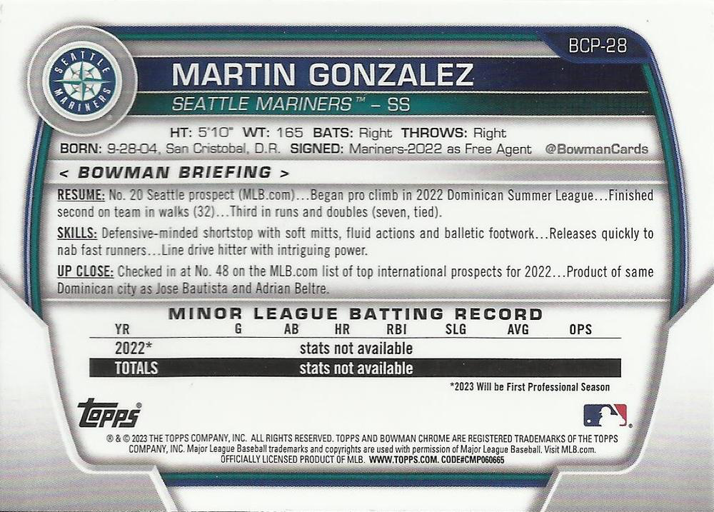 2023 Bowman Chrome Prospects Martin Gonzalez 1st Seattle Mariners #BCP-28